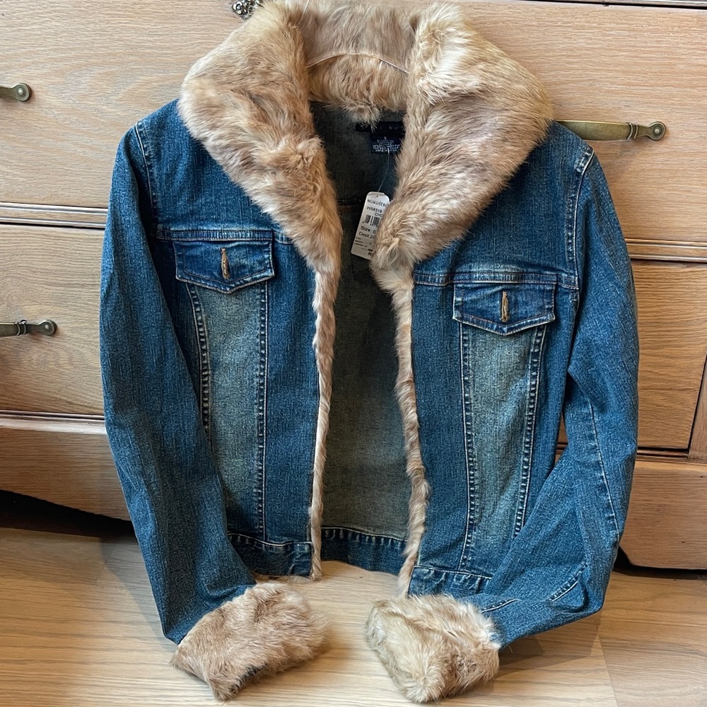 Sheri Bodell Rabbit fur stretch denim jacket NWT size small Y2K